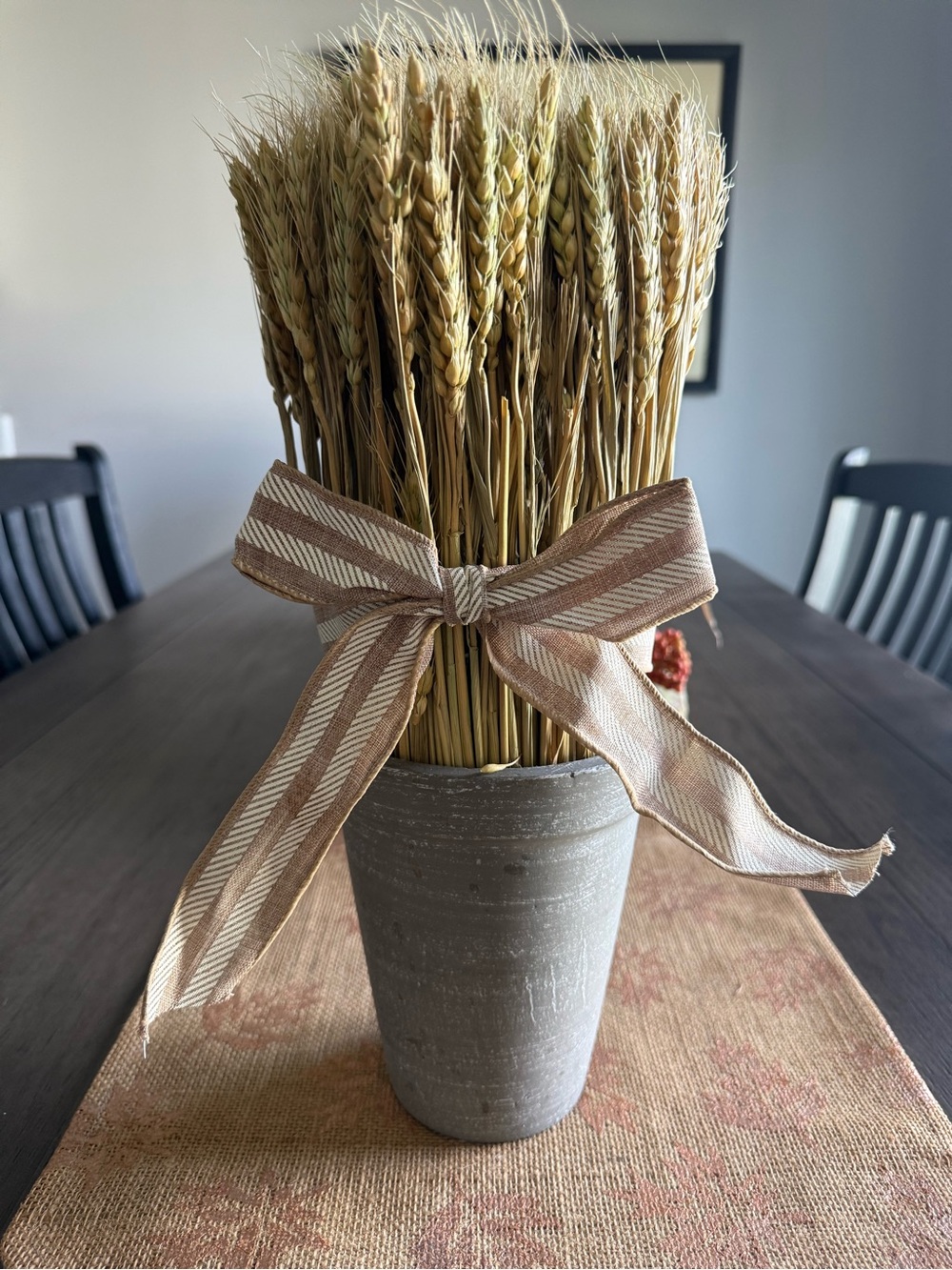 Rustic Wheat Bundle in Gray Vase with Tan Ribbon - Home Accents
